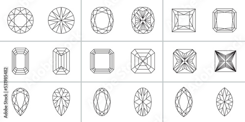 Collection of gem, diamond, crystal and jewel stone shapes sizes top,  bottom, up down line drawing, various types of finished precious stones vector illustration for print and digital
