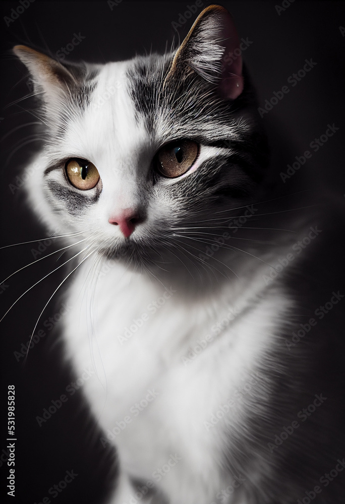 3d illustration of cat with white grey fur and yellow eyes wide shot