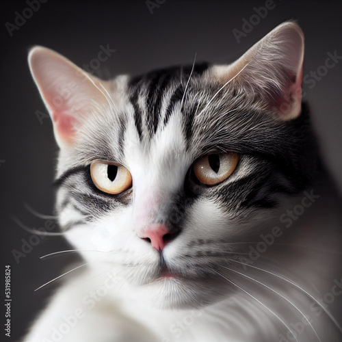 d illustration of cat portrait with yellow eyes white and grey fur