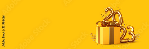 2023 Happy New Year. Realistic gift box Golden metal number. 3d render gold metallic sign and text letter. Celebrate party 2023. Christmas Poster, banner, cover card, brochure, flyer, layout design