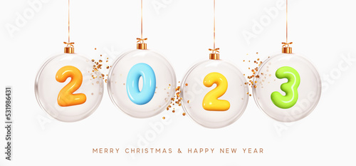 2023 Happy New Year. Golden metal number in glass bauble, Christmas decoration. Realistic 3d render metallic sign. Celebrate party 2023. Xmas Poster, banner, cover card, brochure, flyer, layout design