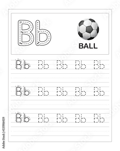 Alphabet letters tracing worksheet. Tracing practice worksheet. Learning alphabet activity page. Letter B