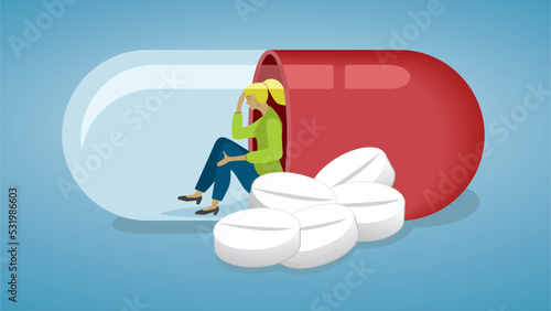 Woman trapped in need of medication or drug addiction. Dimension 16:9. Vector illustration.