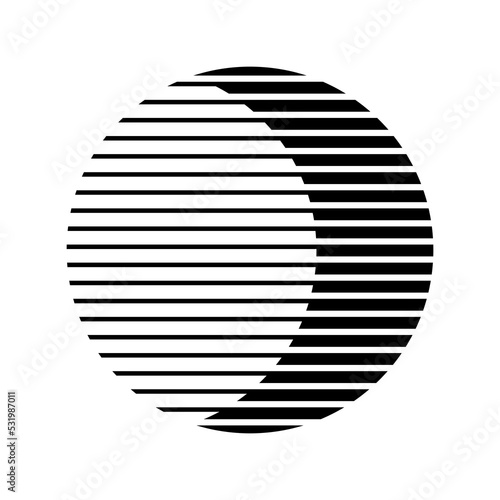 Circle with lines inside black with white. Isolated on white background. Geometric figure clipart.