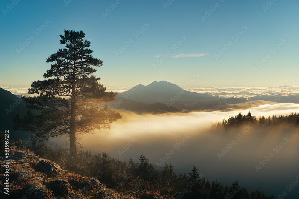 Forest landscape covered in fog during sunrise