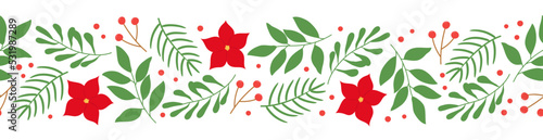Seamless border with winter twigs and poinsettia flowers on white background. Template for winter Christmas design 