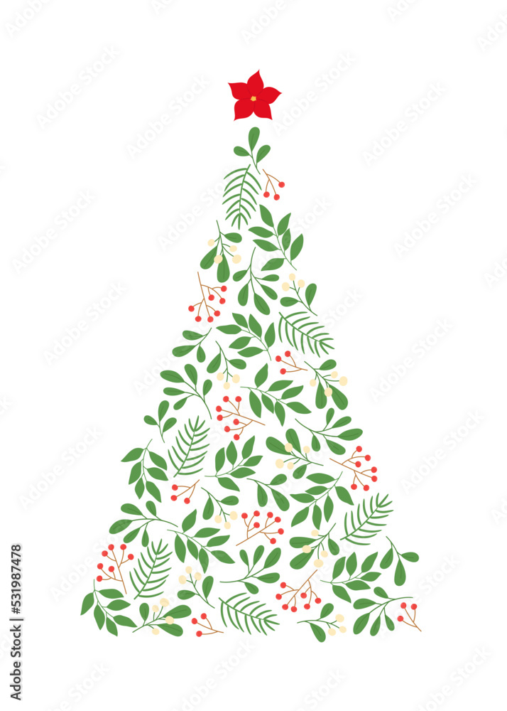 Fototapeta premium Christmas tree silhouette with winter twigs and berries pattern. Template for greeting cards, invitation, poster, banner, flyer