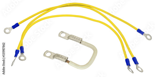 Ground wires with electrical terminals on a white