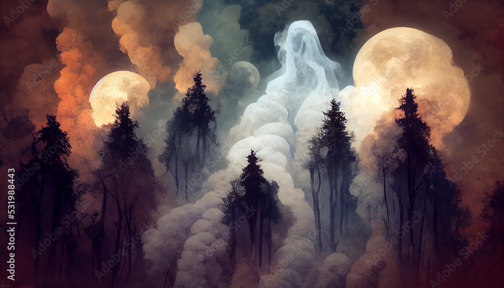 Digital 3d illustration of a haunted forest and scary figures emerging from smoke.