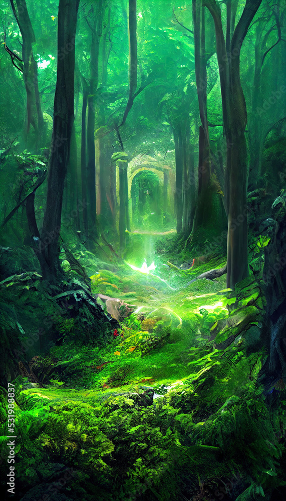 Path to another dimension. In a dense green forest. The leaves on the trees are green. The whole earth is covered with green grass. 3D illustration.