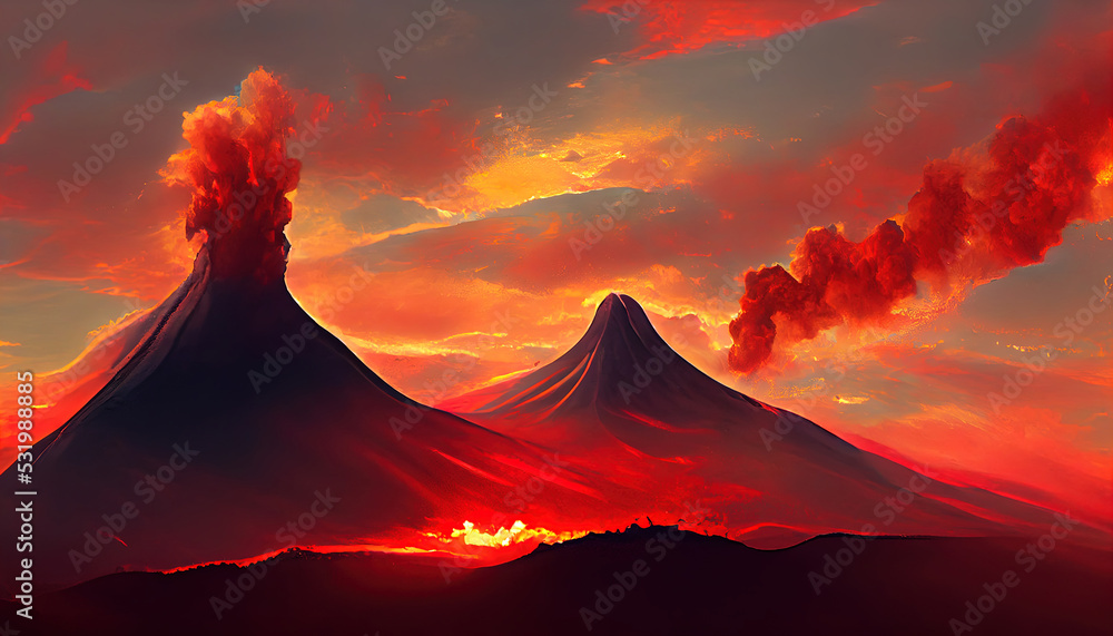 Massive Volcano Eruption. A large volcano erupting hot lava and gases into the atmosphere. 3D Illustration.