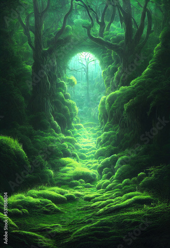 Path to another dimension. In a dense green forest. The leaves on the trees are green. The whole earth is covered with green grass. 3D illustration. © Galina
