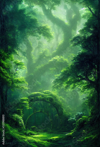 Path to another dimension. In a dense green forest. The leaves on the trees are green. The whole earth is covered with green grass. 3D illustration.