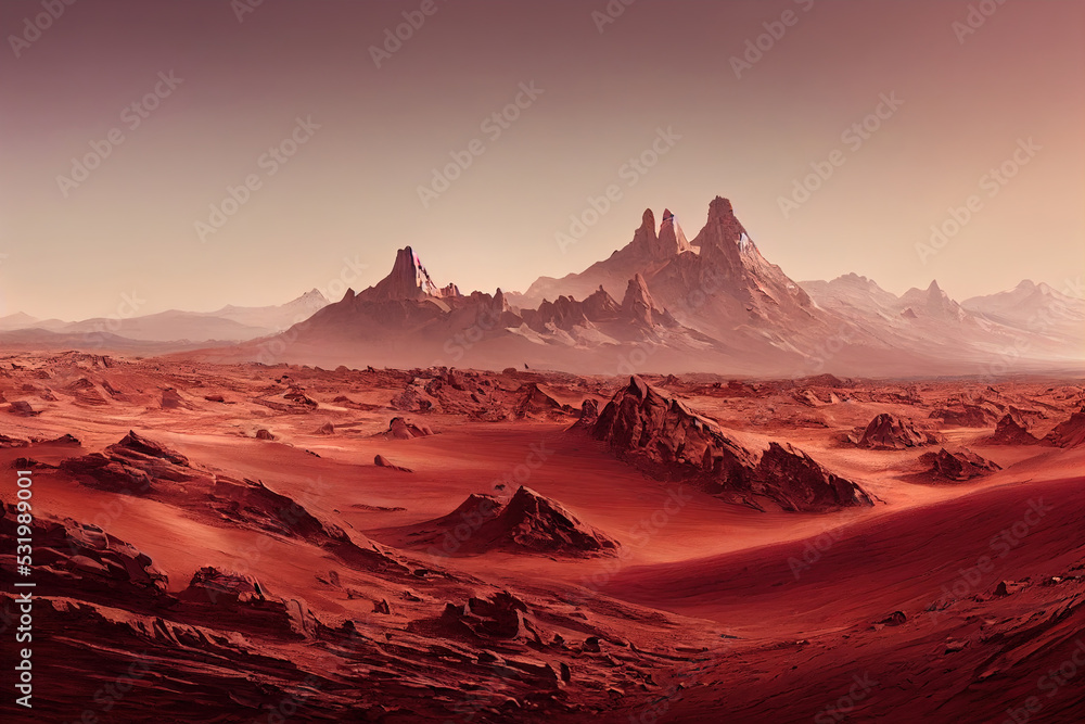 Fototapeta premium Landscape on the planet Mars, surface is a picturesque desert on red planet. Background of space game, cover, poster with red earth, mountains, stars, 3d artwork