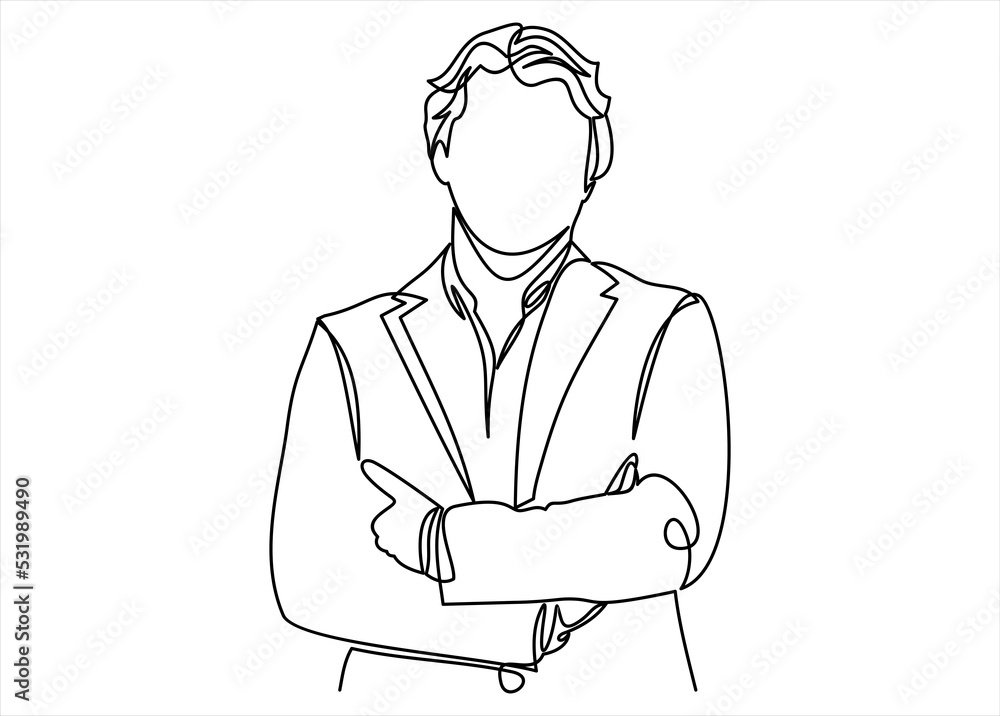 Businessman, Manager. A man in a business suit. Businessman folded his arms over his chest-continuous line drawing