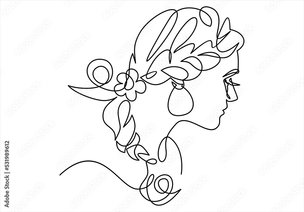Continuous one line drawing. Abstract portrait of romantic woman face.