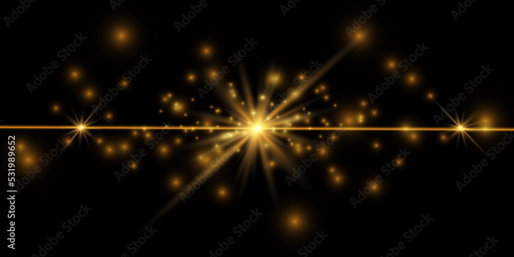 Golden neon glowing beam of light exploded, star, explosion with dust and sparkles on a black background. Golden neon glowing beam of light exploded, star, explosion with dust and sparkles on a black background.