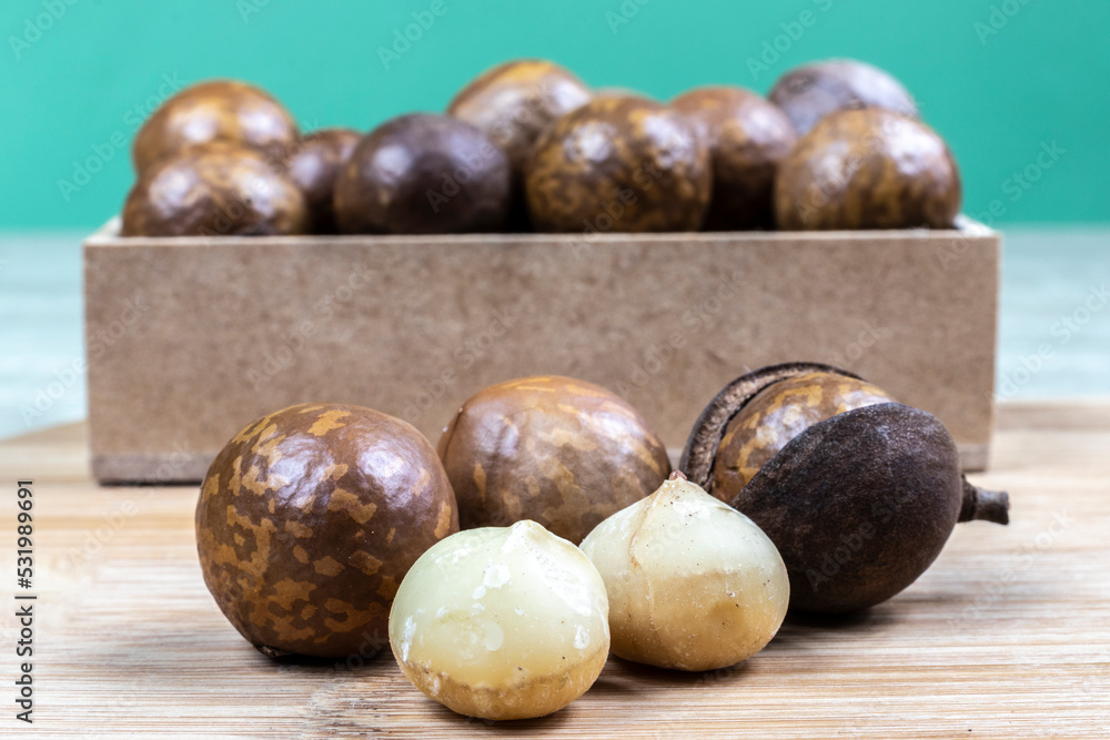 Obraz premium Close-up of macadamia nut with selective focus on the wooden table in Brazil
