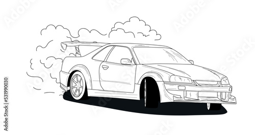 Drift car, smoke from under the wheels. Drift racing team. Realistic vector illustration for sticker, badge or poster