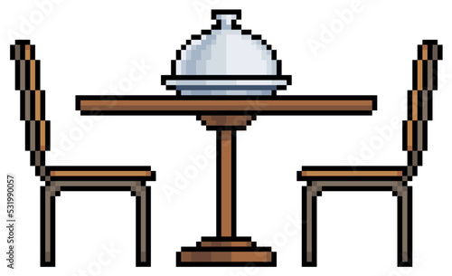 Pixel art wooden table with chairs and food tray vector icon for 8bit game on white background