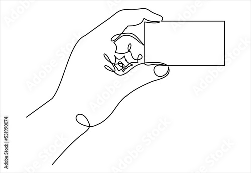 Man hand holding a blank card illustration- continuous line drawing