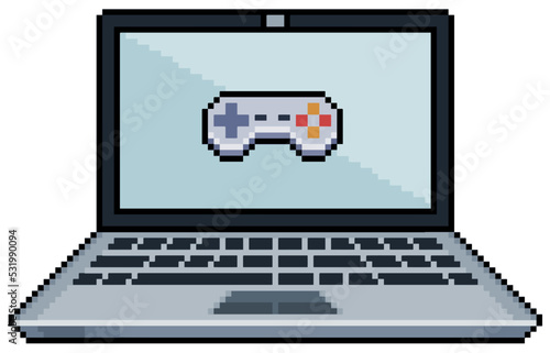 Pixel art laptop with video game joystick icon on screen vector icon for 8bit game on white background