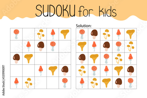 Sudoku educational game or leisure activity worksheet vector illustration, printable grid to fill in missing images, autumn Thanksgiving topical vocabulary, puzzle with its solution, teacher resources