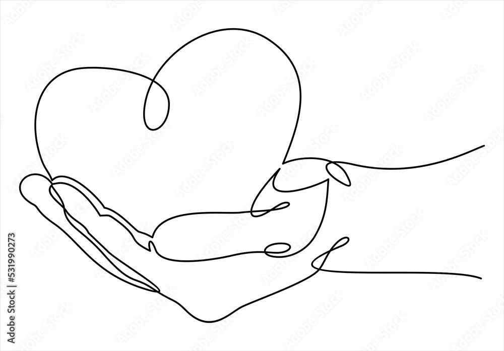 One continuous line drawing of hand holding heart. One continuous line drawing of hand holding heart.