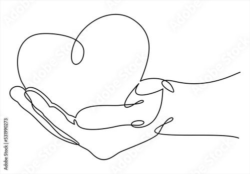 One continuous line drawing of hand holding heart.