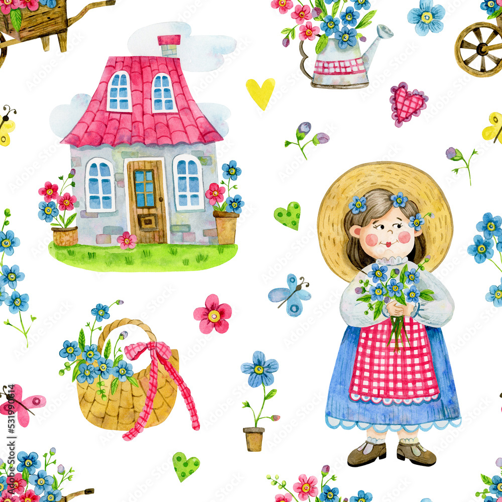 Watercolor seamless pattern with a girl with a bouquet, a house with a tiled roof, myosotis , a watering can, a cart, a basket of flowers. Summer ornament with forget-me-nots Watercolor seamless pattern with a girl with a bouquet, a house with a tiled roof, myosotis , a watering can, a cart, a basket of flowers. Summer ornament with forget-me-nots