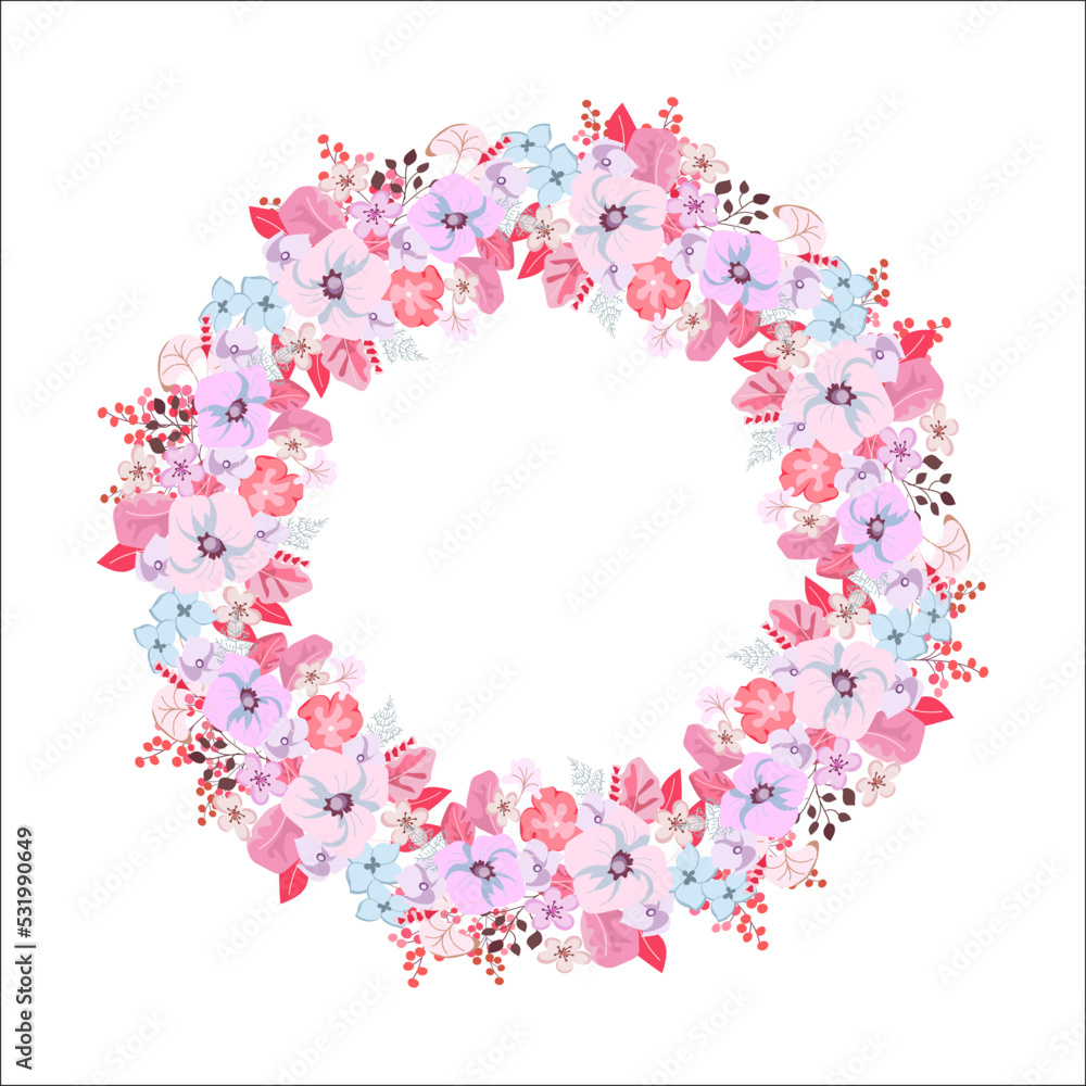 Cute floral frame decorated with abstract delicate pink flowers and leaves on a white background. Suitable for templates with copy space, posters, prints, postcards, invitations, answers to questions.