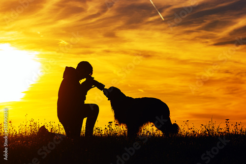 silhouette of a boy and a dog during sunset, photographer takes a close up of the head