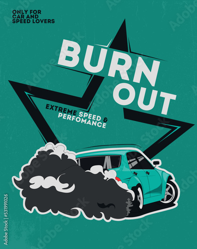 Drift car, smoke from under the wheels. Drift racing team. Realistic vector illustration for sticker, badge or poster
