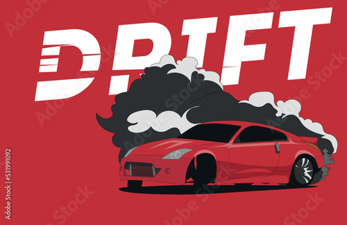 Drift car, smoke from under the wheels. Drift racing team. Realistic vector illustration for sticker, badge or poster