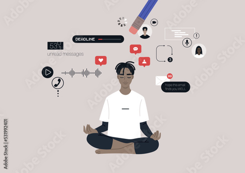 A young male African character erasing stressful thoughts popping up in their mind through meditation