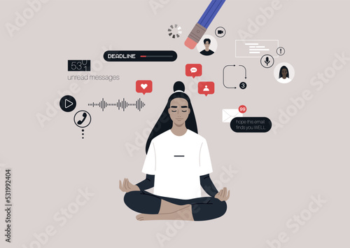 A young female Asian character erasing stressful thoughts popping up in their mind through meditation