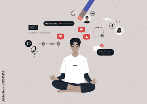 A young male Asian character erasing stressful thoughts popping up in their mind through meditation