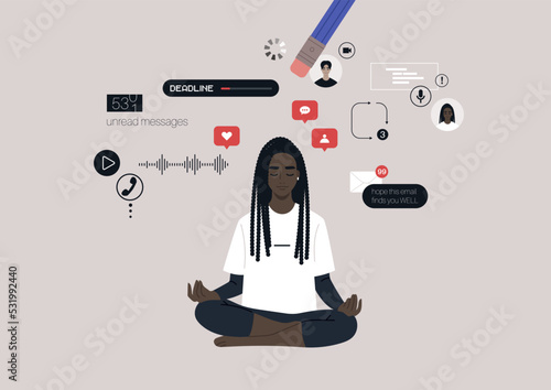 A young female African character erasing stressful thoughts popping up in their mind through meditation