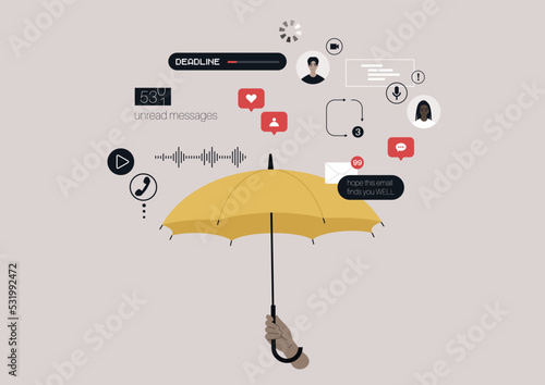 A yellow umbrella shielding a user from irritating pop up notifications, messages, incoming calls, timers, and other distractions