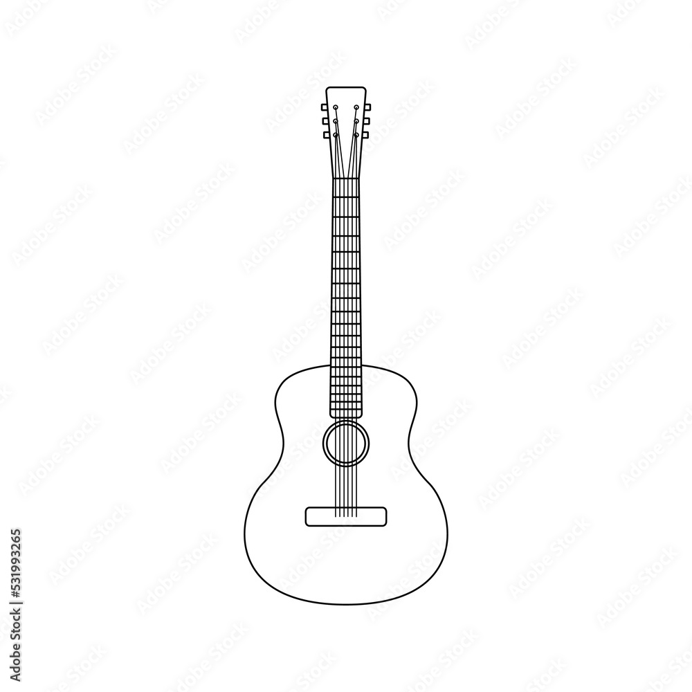 Naklejka premium Black outline acoustic guitar isolated on white background. Vector illustration