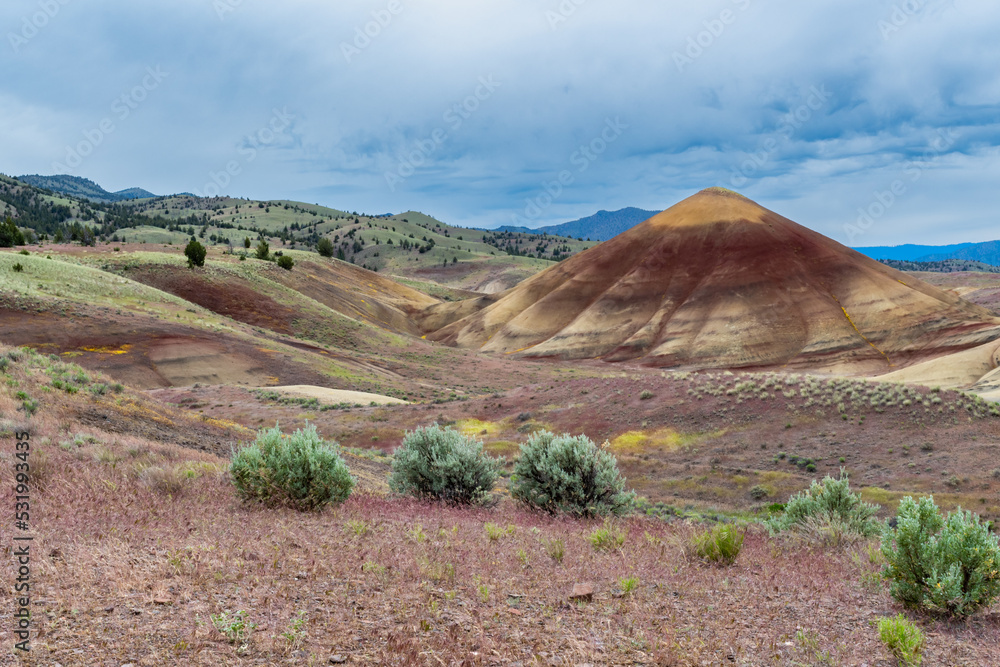 Brilliant colored Painted Hills geological site in the John Day Fossil Beds, Central Oregon, United States.