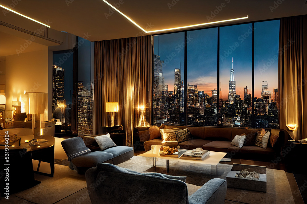 Concept art illustration of luxury penthouse living room interior in New York city - obrazy, fototapety, plakaty 