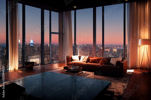 Concept art illustration of luxury penthouse living room interior in New York city