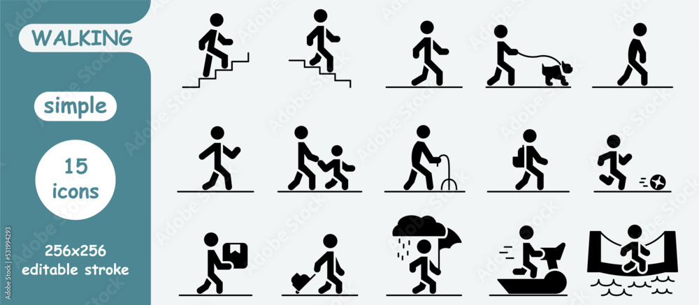set of simple walking icons. simple black icons. walking in the rain, walking on the bridge and others. browser icons.