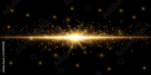 Golden neon glowing beam of light exploded, star, explosion with dust and sparkles on a black background.