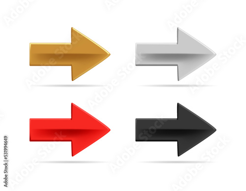 Collection of realistic arrows. 3d vector icon illustration. Gold, black, silver and red direction cursor. Set of multicolored navigation interface pointers isolated on white