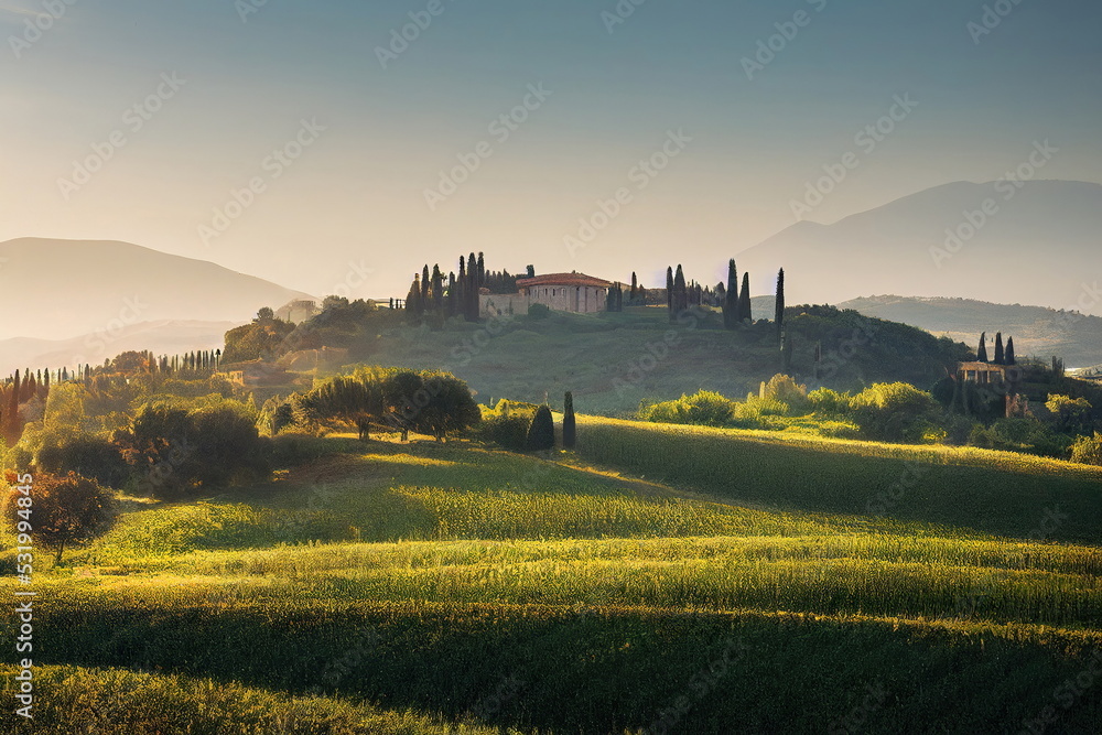 Beautiful mediterranean landscape at sunset, italy spain green hills, calm warm colors nature background, 3d render, 3d illustration