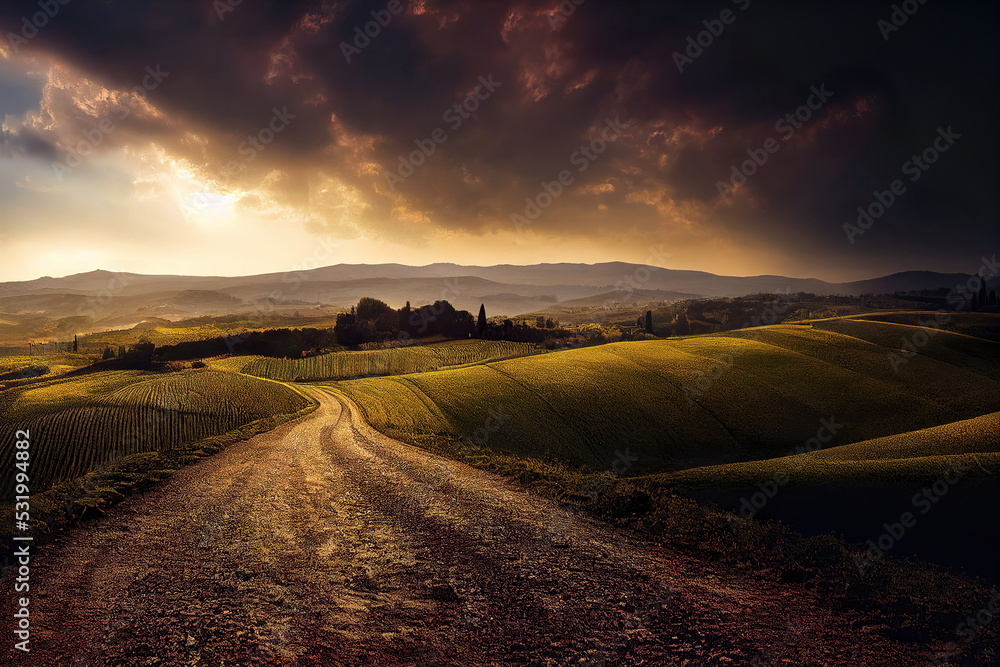 Beautiful mediterranean landscape at sunset, italy spain green hills, calm warm colors nature background, 3d render, 3d illustration