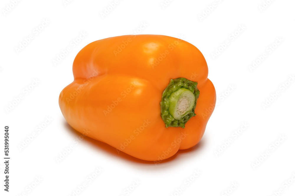Orange bell pepper isolated on white background. Top view. Copy space. Orange bell pepper isolated on white background. Top view. Copy space.