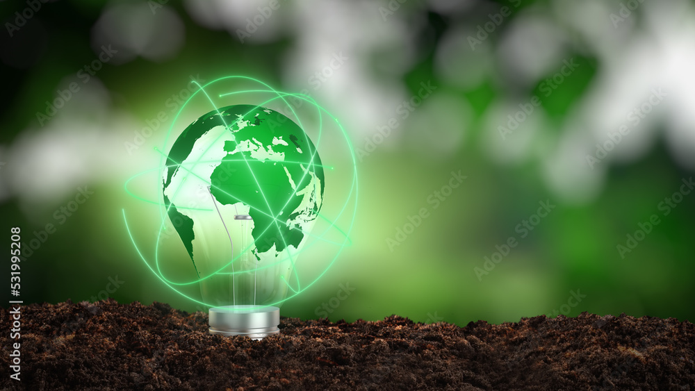 The green world map is on a light bulb that represents renewable energy and sustainable energy sources 3D illustration